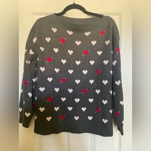 LOFT Valentines Charcoal Sweater with Red and White Heart Pattern